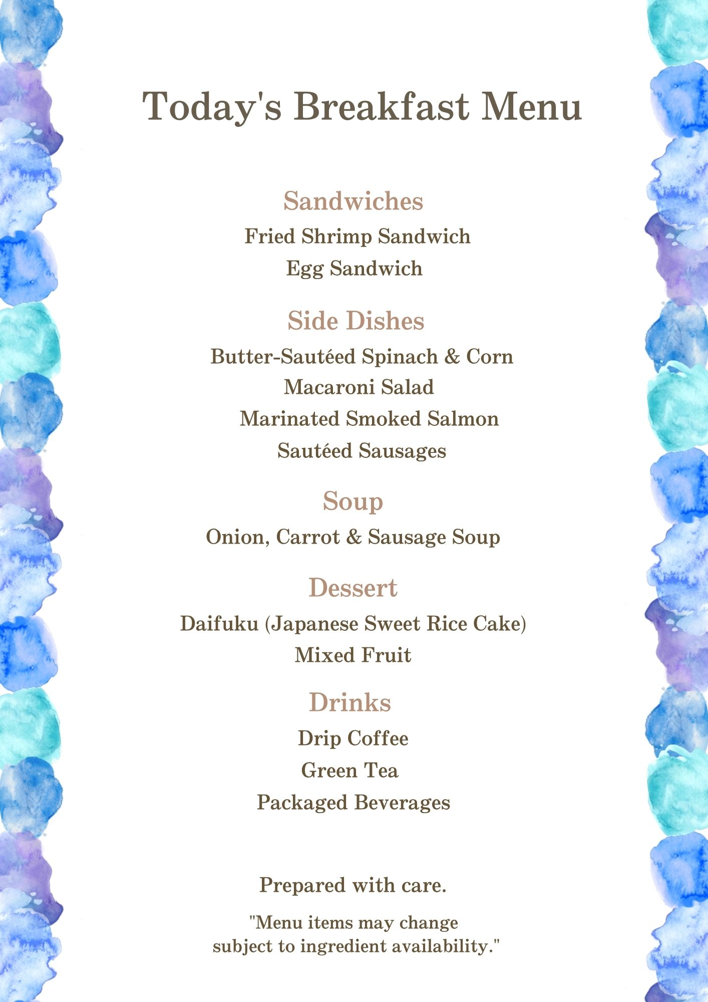 Breakfast menu example (Monday / Friday) English