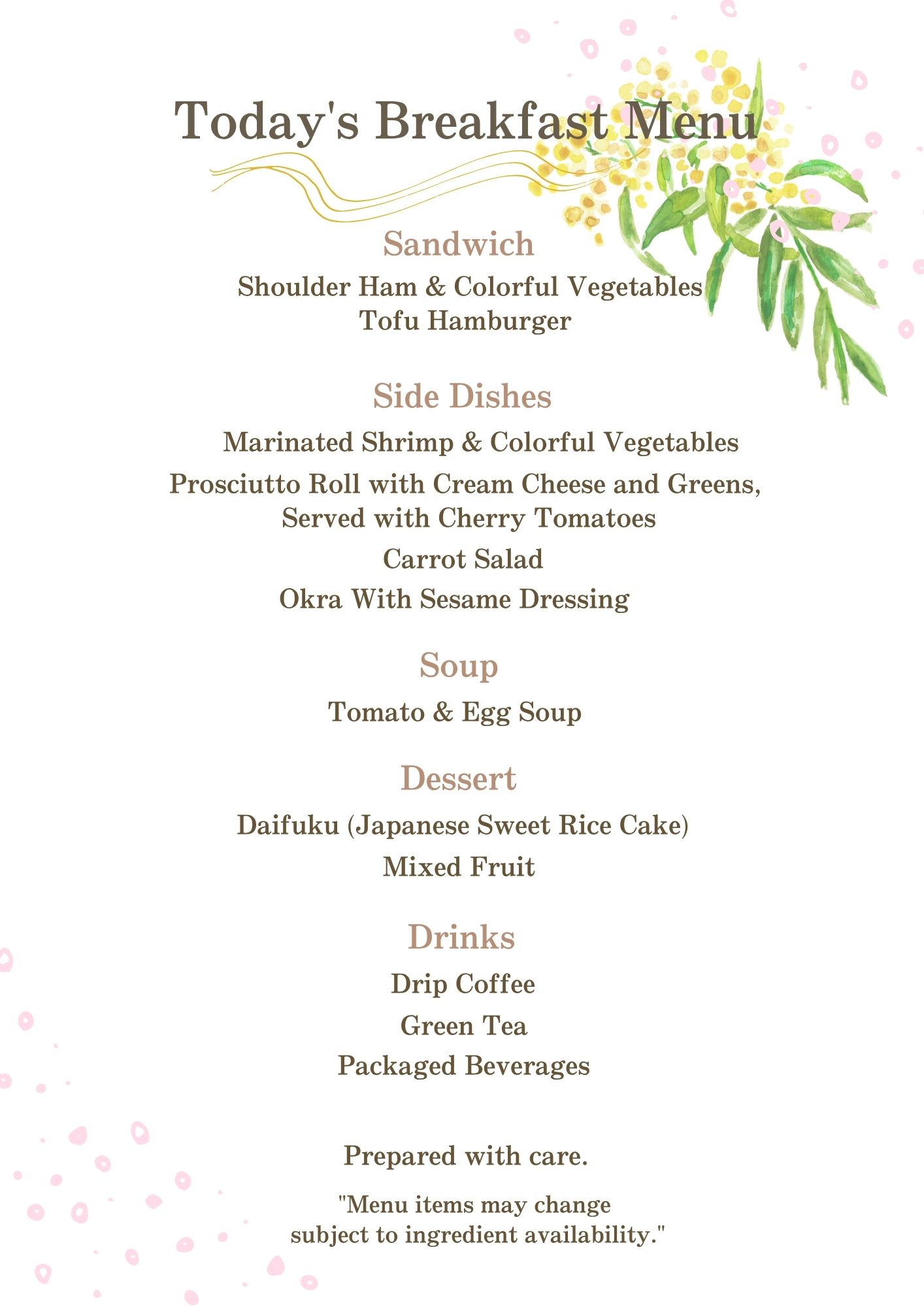 Breakfast menu example (Thursday) English