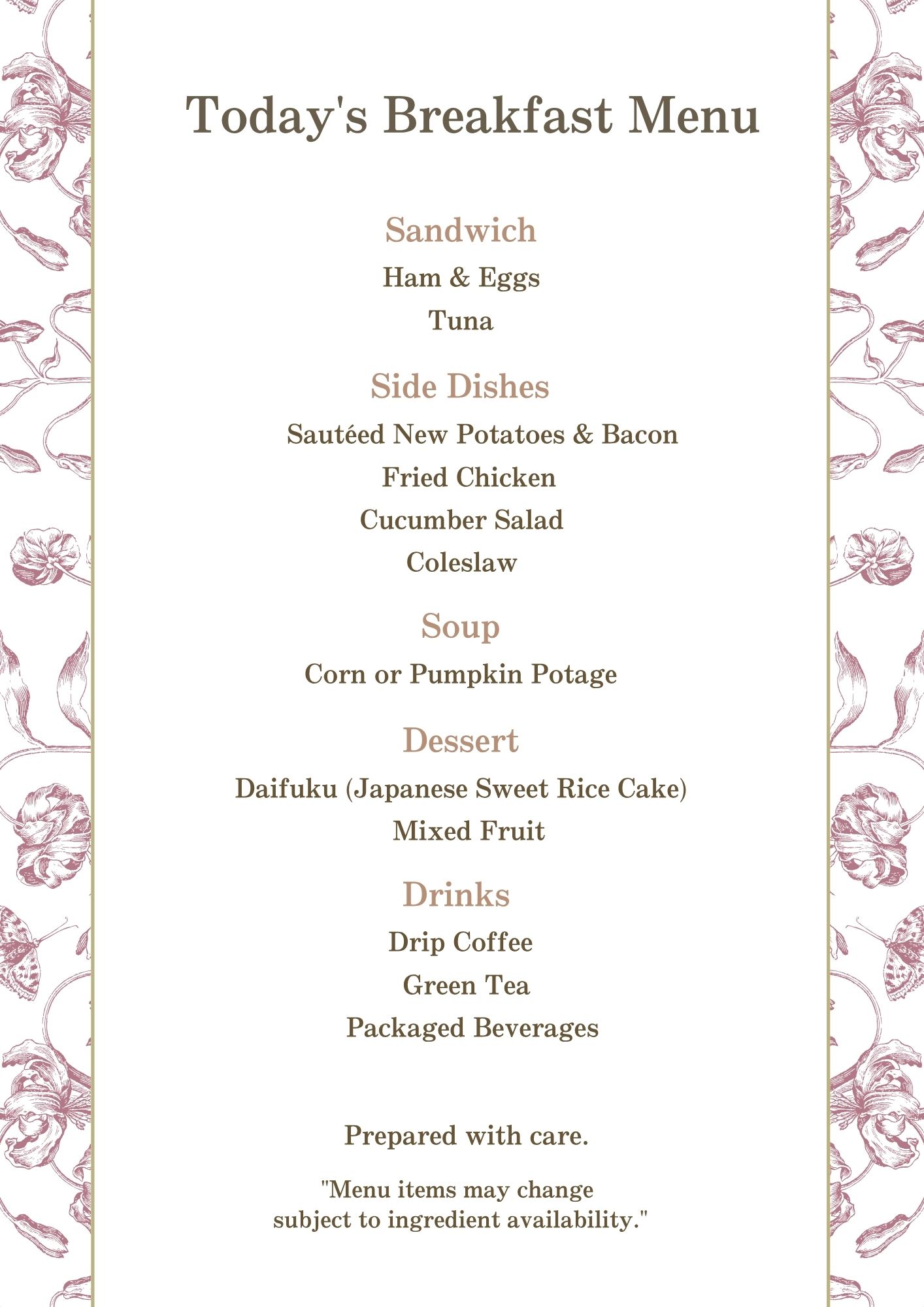 Breakfast menu example (Tuesday / Saturday) English