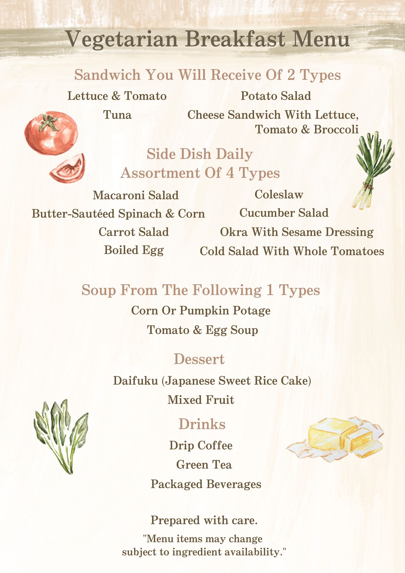 Breakfast menu example (Vegetarian) English